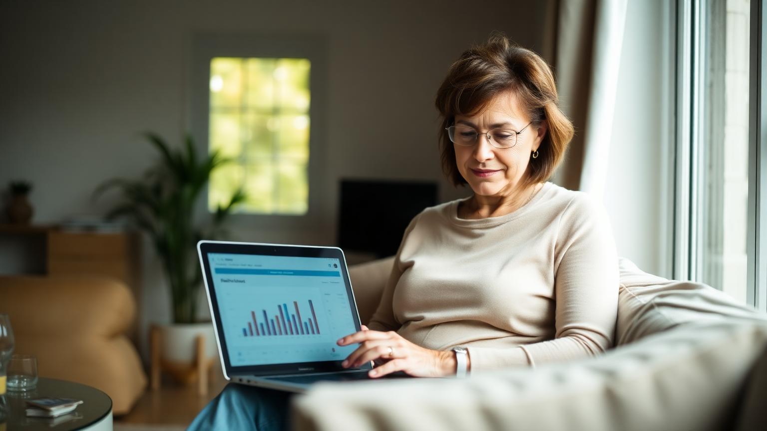 Woman reviewing a personal retirement forecast at home